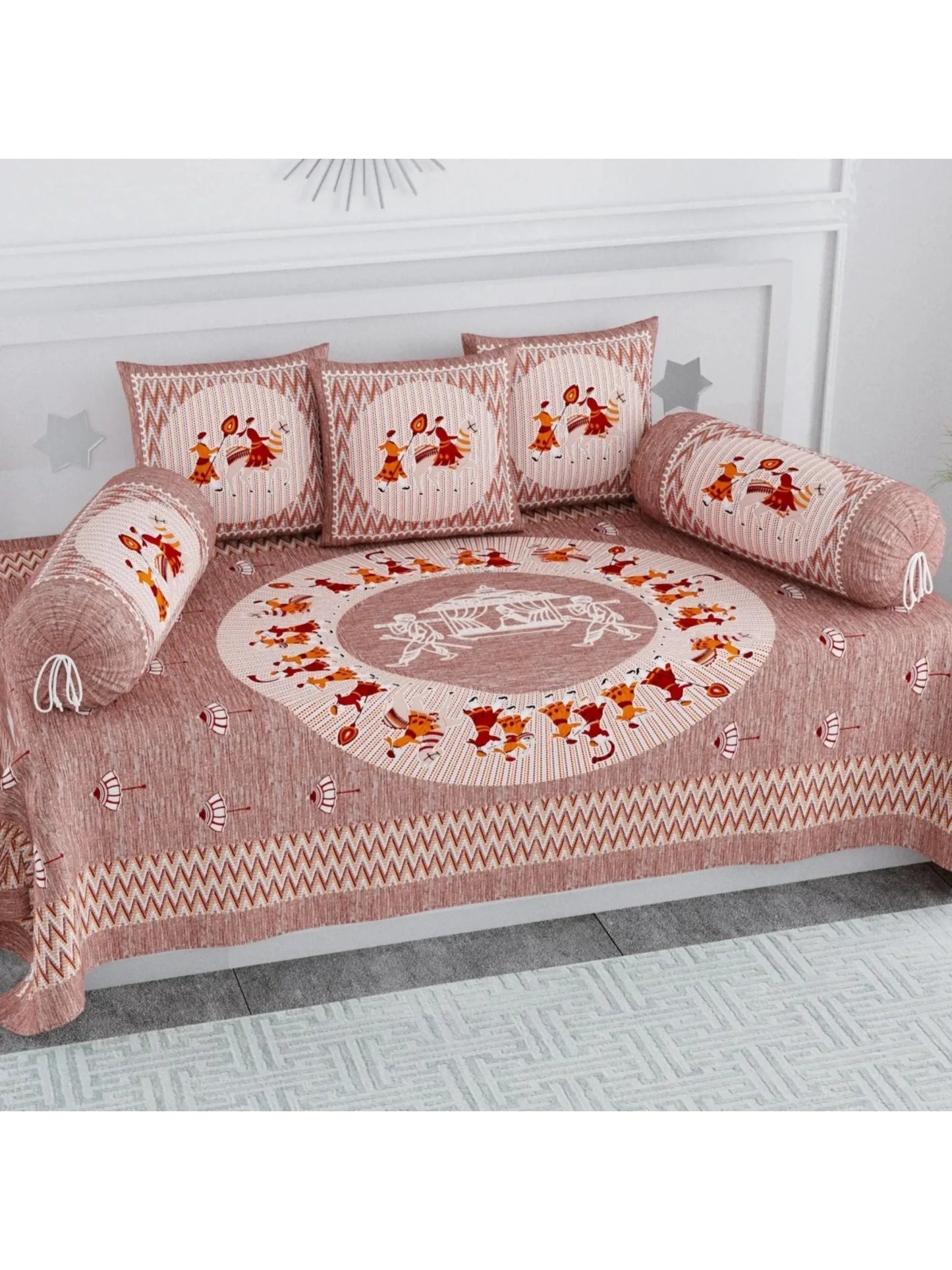 Single Size Block Print Diwan Set - Set of 8 - (1 Bedsheet + 5 Cushion Covers + 2 Bolster Cover) | 56*86 inch (4.5*7 Feet ) | Pure Cotton | Rich Fast Colour With No Colour Bleeding | (066-C)