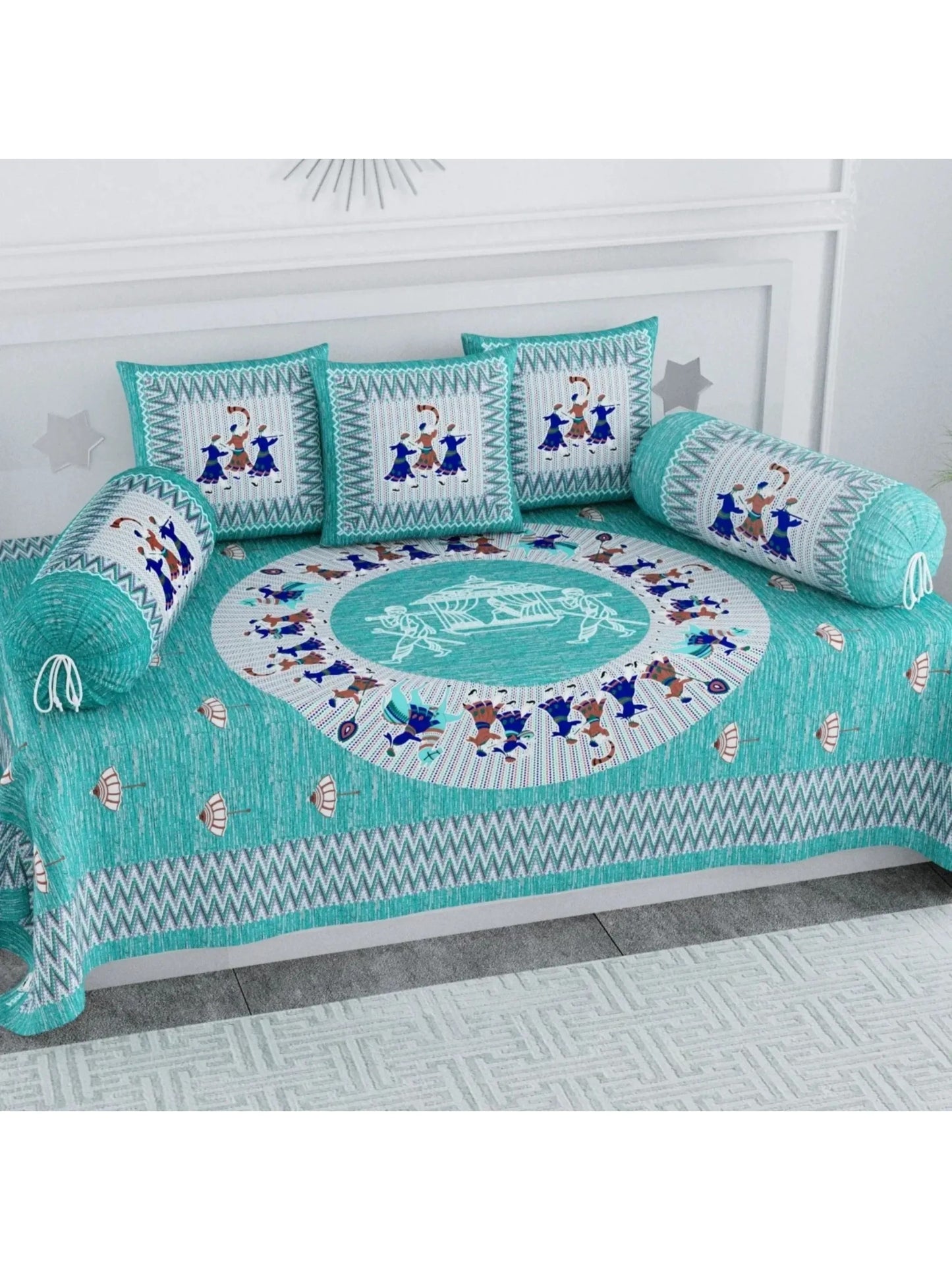 Single Size Block Print Diwan Set - Set of 8 - (1 Bedsheet + 5 Cushion Covers + 2 Bolster Cover) | 56*86 inch (4.5*7 Feet ) | Pure Cotton | Rich Fast Colour With No Colour Bleeding | (067-A)