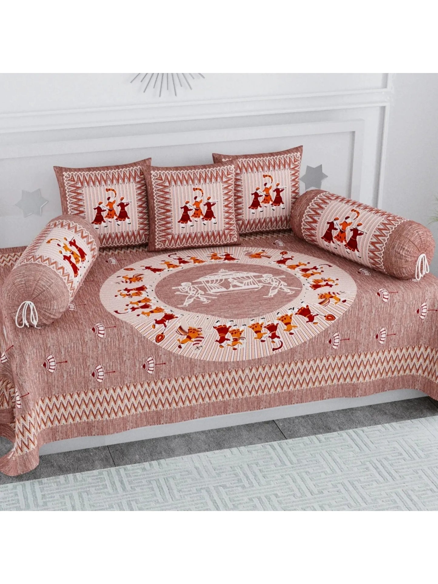 Single Size Block Print Diwan Set - Set of 8 - (1 Bedsheet + 5 Cushion Covers + 2 Bolster Cover) | 56*86 inch (4.5*7 Feet ) | Pure Cotton | Rich Fast Colour With No Colour Bleeding | (067-C)