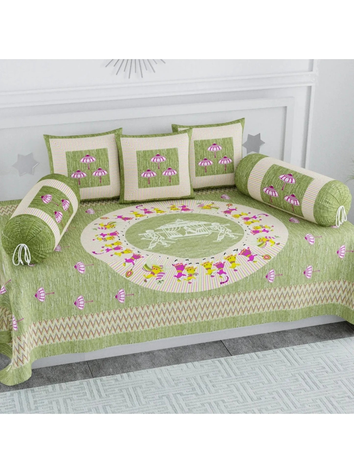 Single Size Block Print Diwan Set - Set of 8 - (1 Bedsheet + 5 Cushion Covers + 2 Bolster Cover) | 56*86 inch (4.5*7 Feet ) | Pure Cotton | Rich Fast Colour With No Colour Bleeding | (068-B)