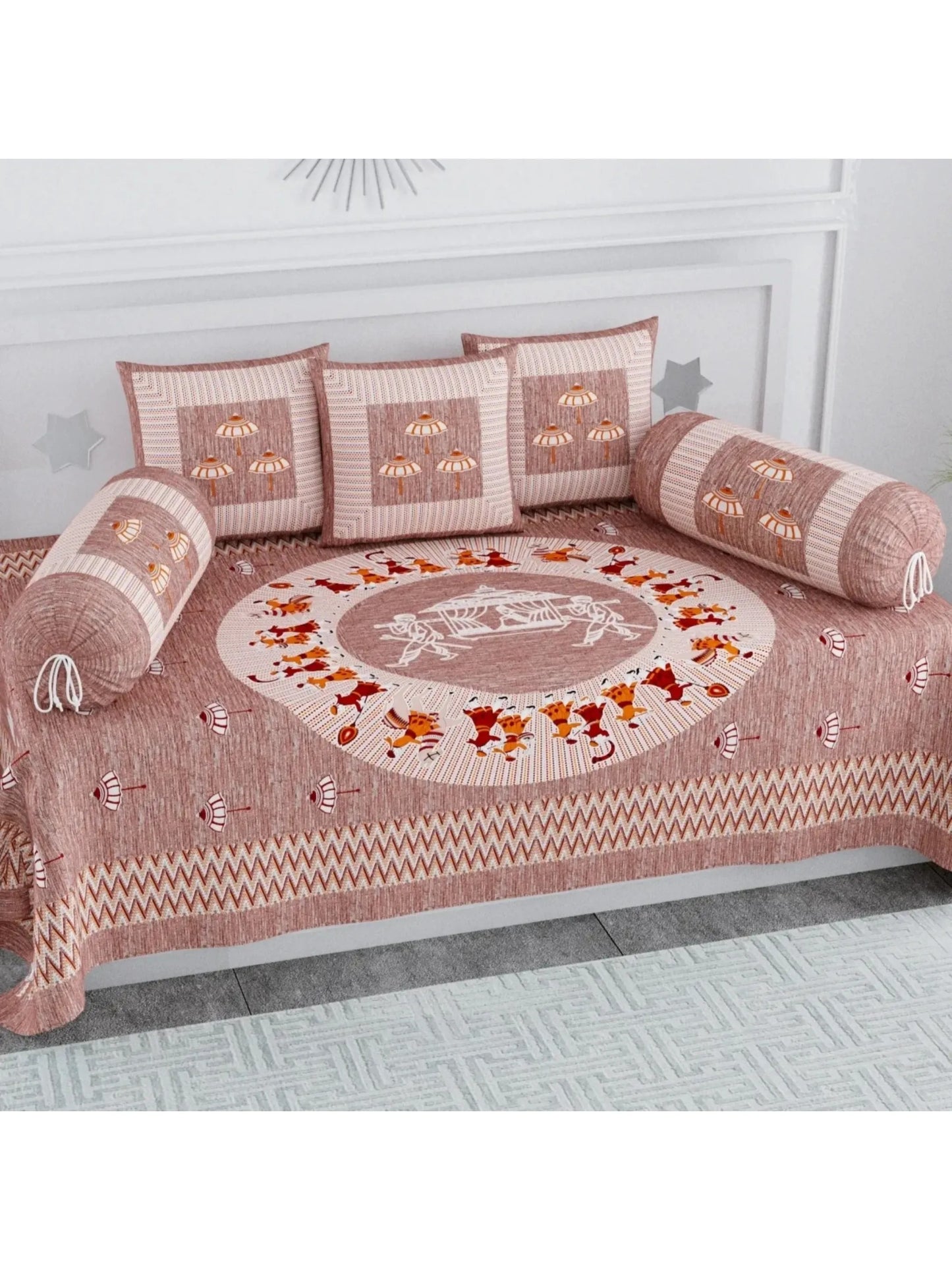 Single Size Block Print Diwan Set - Set of 8 - (1 Bedsheet + 5 Cushion Covers + 2 Bolster Cover) | 56*86 inch (4.5*7 Feet ) | Pure Cotton | Rich Fast Colour With No Colour Bleeding | (068-C)