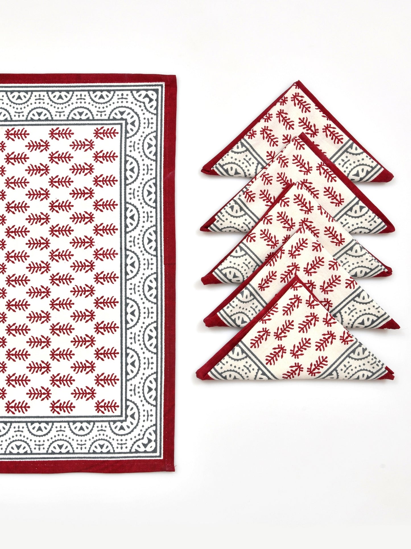 LIVING ROOTS Hand Block Printed Red & Cream Table Runner, Mat and Napkin Set for Center/Dining Table (71-NAPKIN6PC-003)