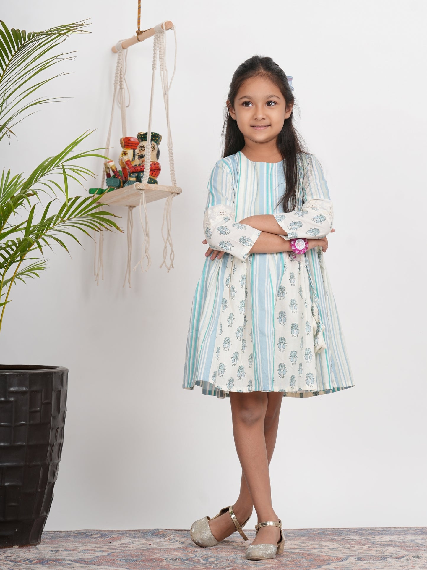 Block Printed White and Blue Round Neck Dress for Girls