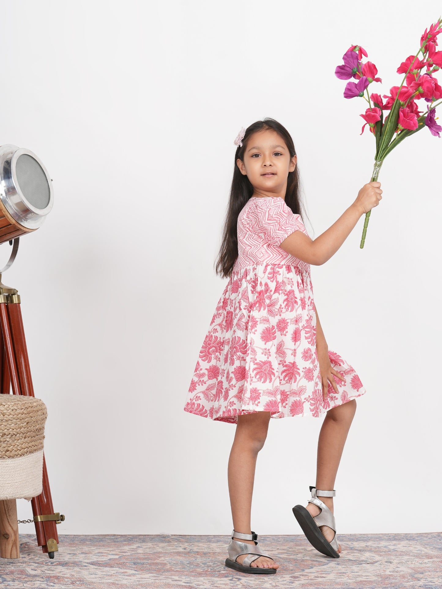 LIVING ROOTS Block Print Pink and White Dress for Girls (G-1PC-010-3-4Y)