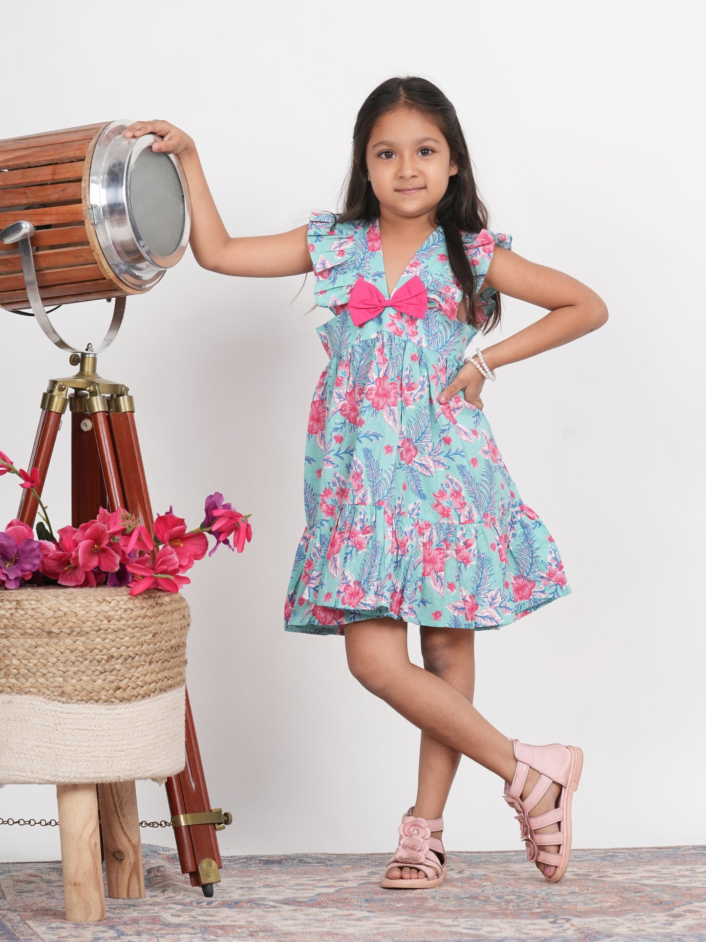 LIVING ROOTS Block Print Pink and Blue Bow Dress for Girls (G-1PC-011-3-4Y)