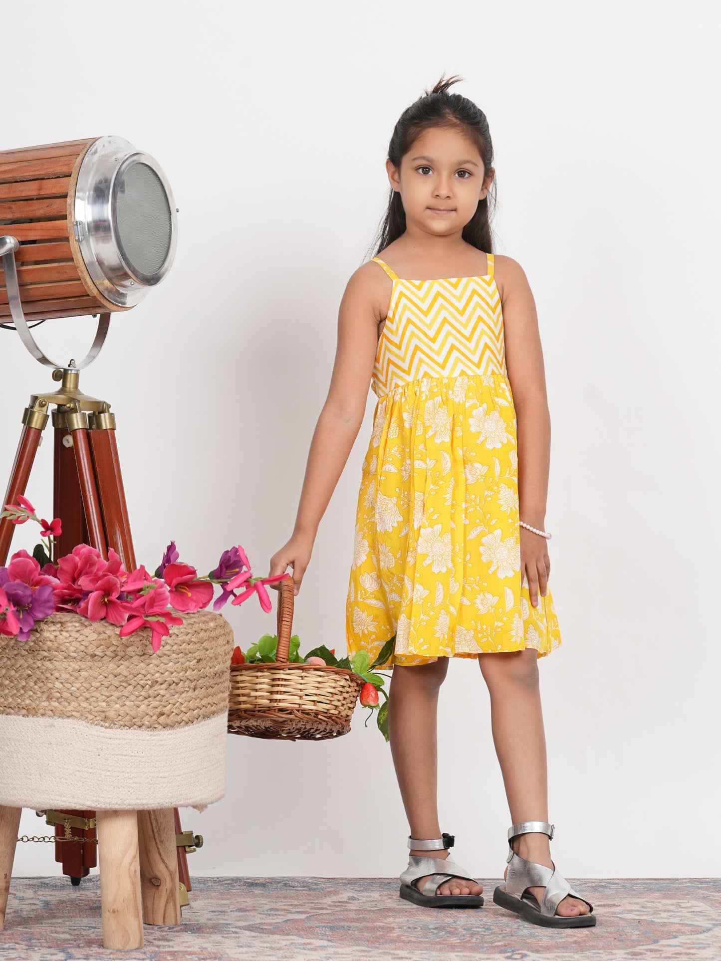 LIVING ROOTS Block Print Yellow Fit and Flare Dress for Girls (G-1PC-013-3-4Y)