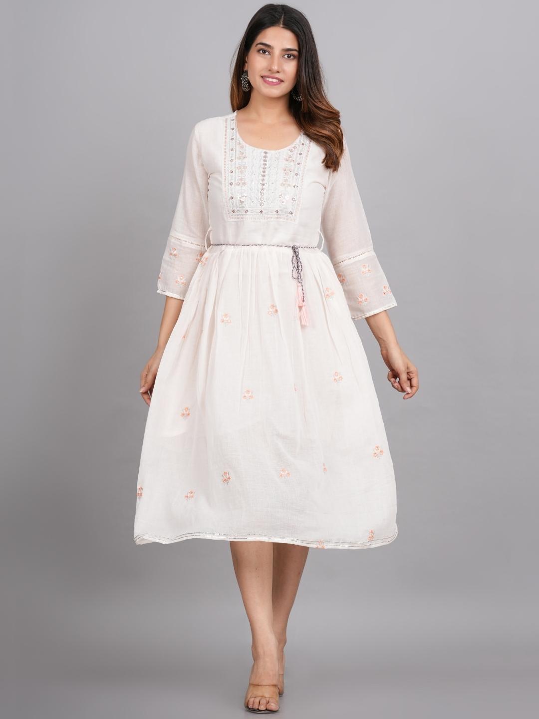LIVING ROOTS Women White Motifs Embroidered Pure Cotton-One Piece (W-1PC-002-M)