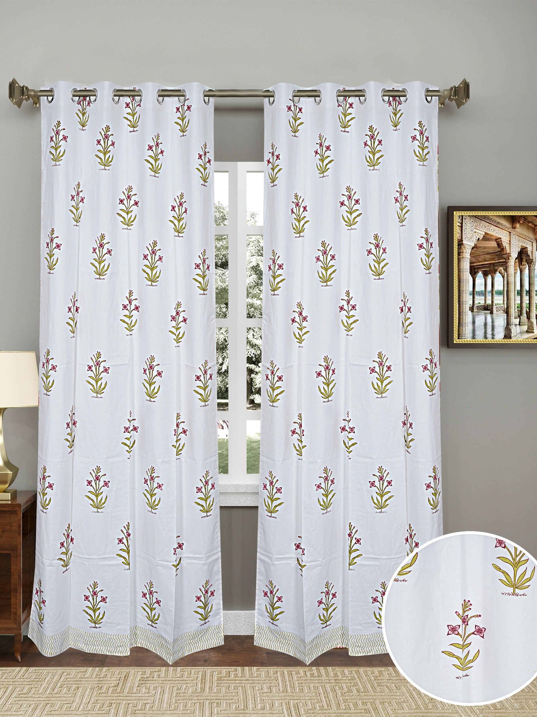 LIVING ROOTS Cotton Flower Print 7 Feet Door Curtains-Set of 2 (51-006-B-2PC)