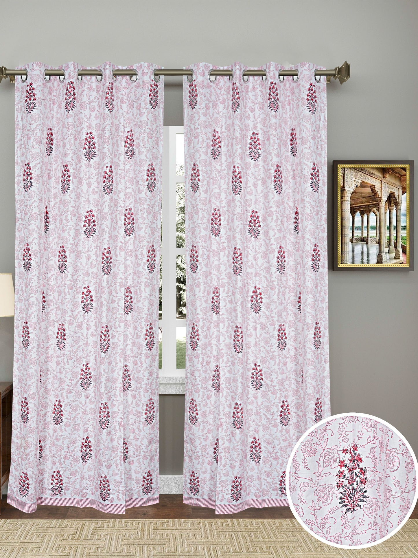 Cotton Flower Print 7 Feet Door Curtains-Set of 2