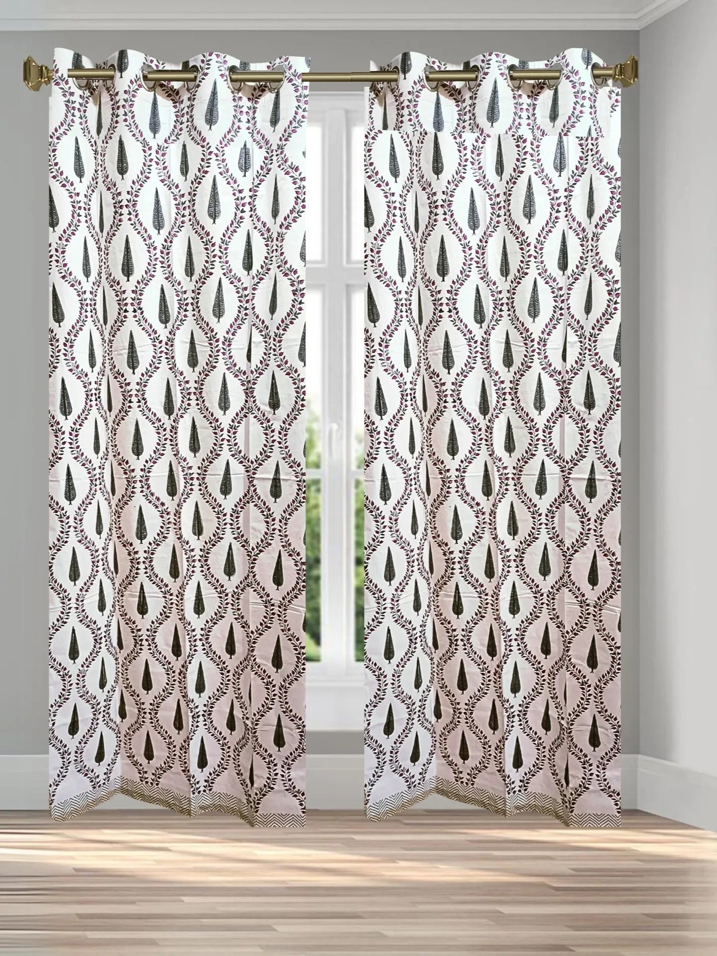 LIVING ROOTS Cotton Block Print 7 Feet Door Curtains-Set of 2 (51-014-A-2PC)