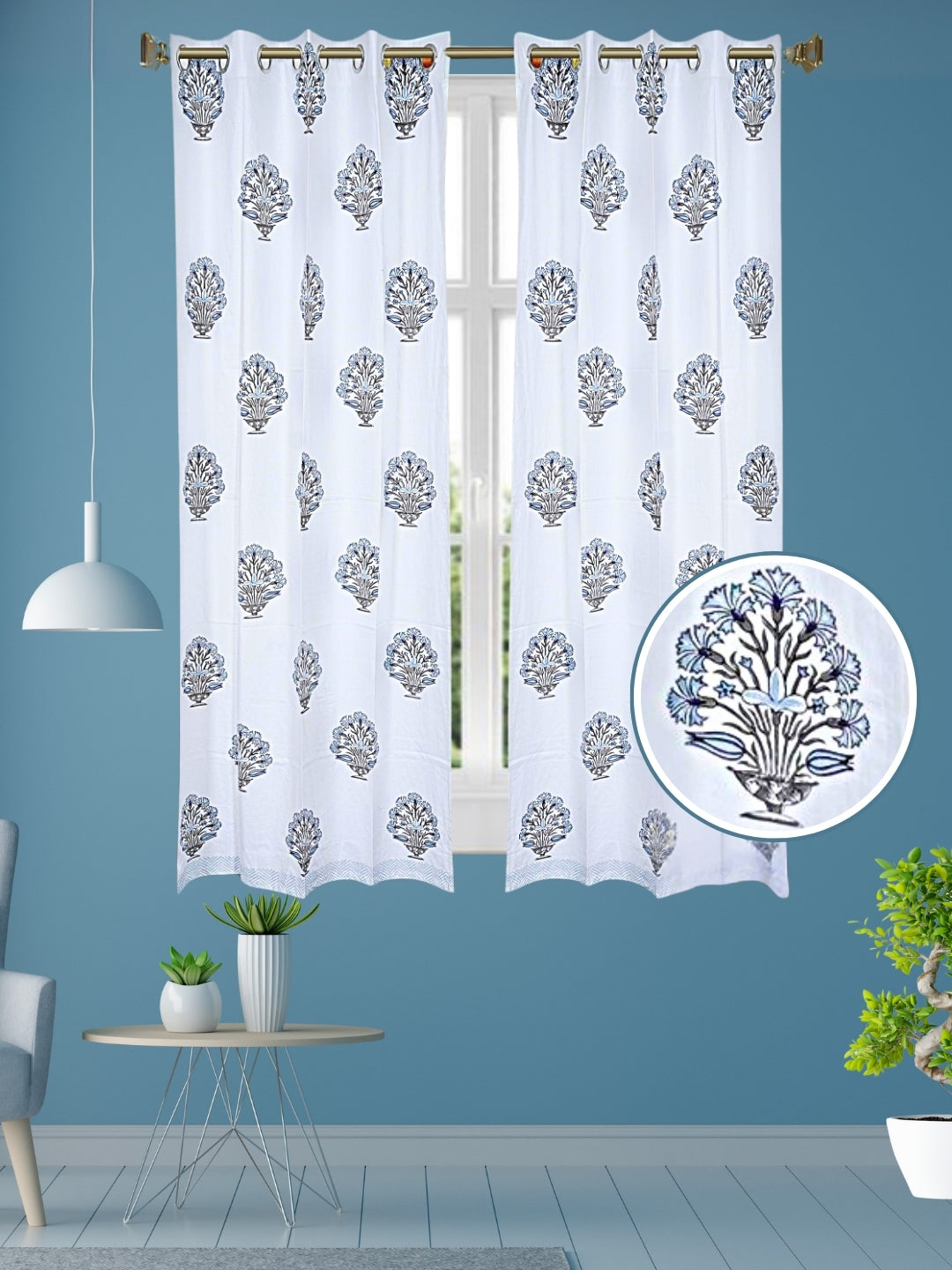 LIVING ROOTS Cotton Block Print 58.8 x 45 Inch Window Curtains-Set of 2 (52-003-A-2PC)