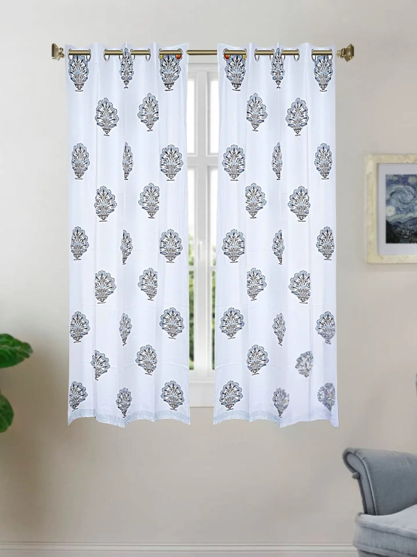 LIVING ROOTS Cotton Block Print 58.8 x 45 Inch Window Curtains-Set of 2 (52-003-A-2PC)