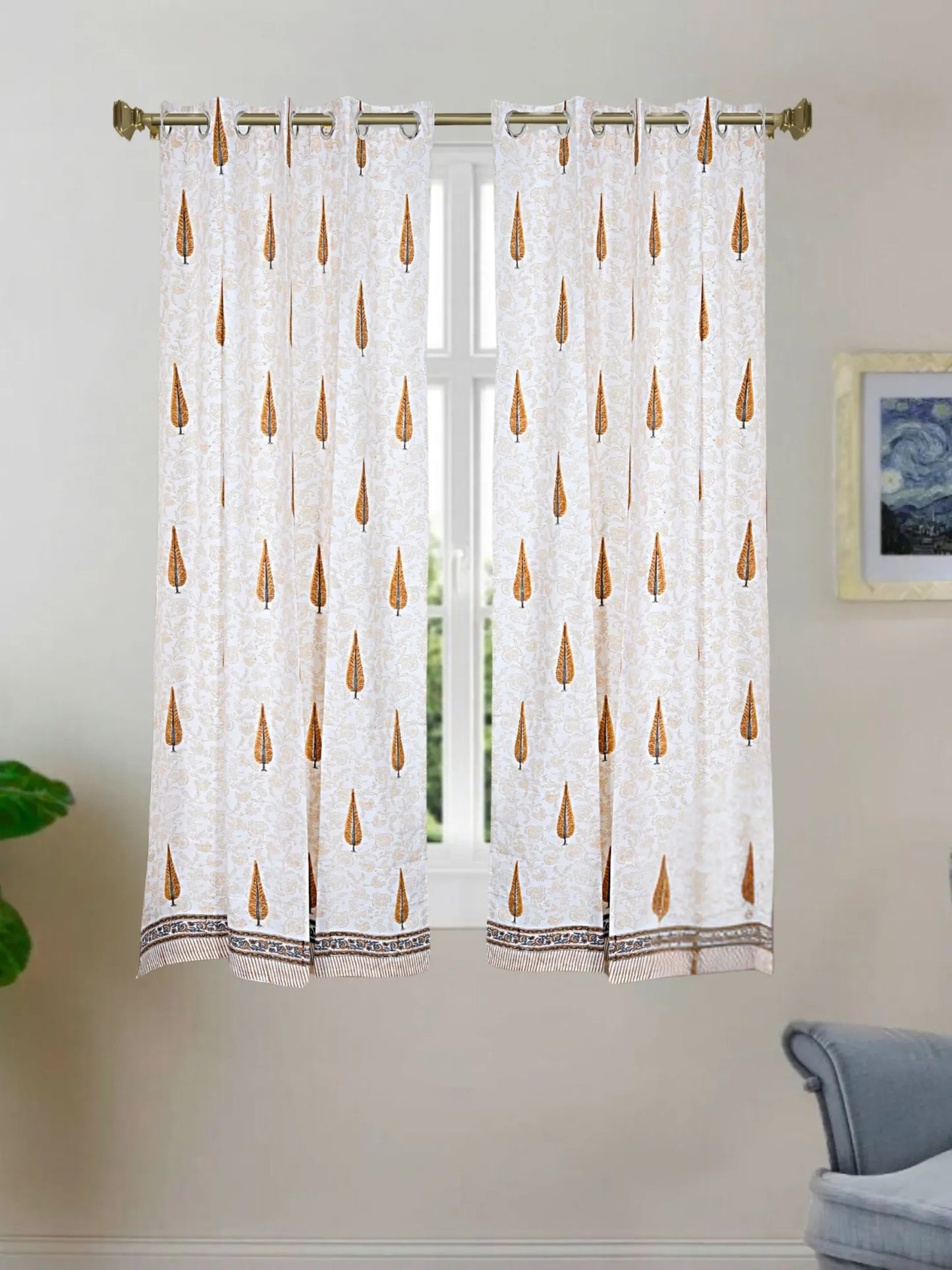 LIVING ROOTS Cotton Block Print 58.8 x 45 Inch Window Curtains-Set of 2 (52-004-A-2PC)