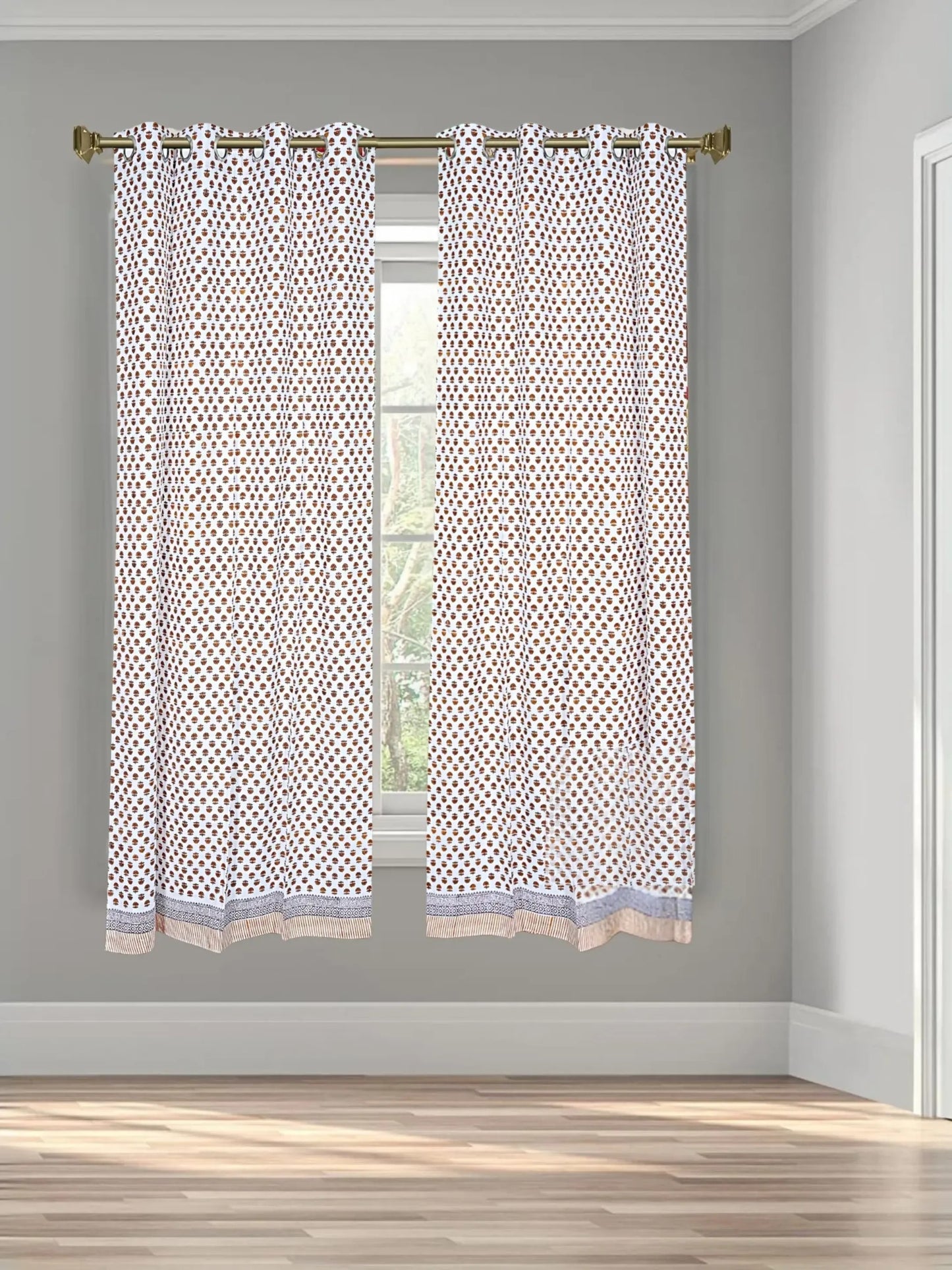 LIVING ROOTS Cotton Block Print 58.8 x 45 Inch Window Curtains-Set of 2 (52-007-A-2PC)