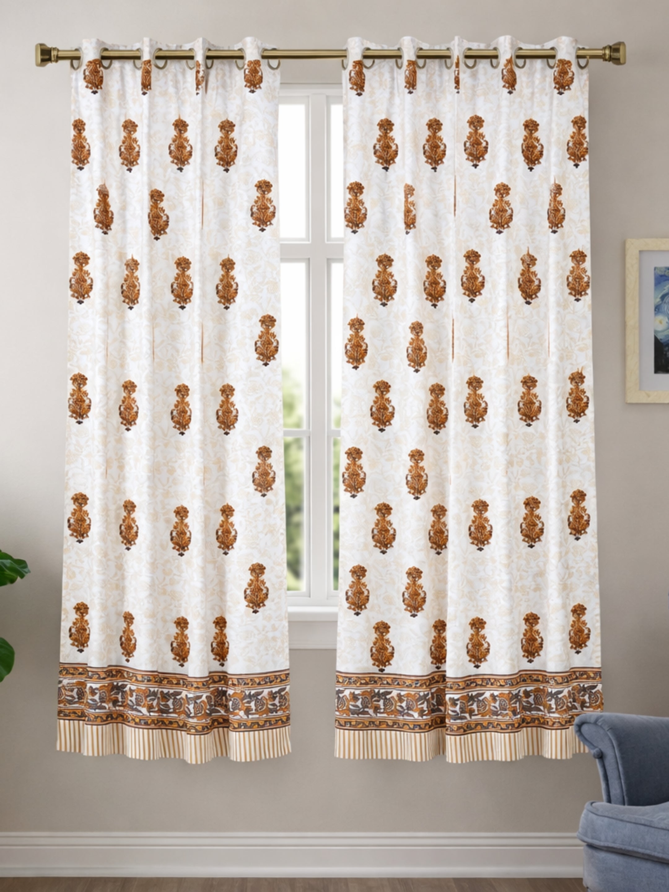 LIVING ROOTS Cotton Floral Buta Block Print 58.8 x 45 Inch Window Curtains - Set of 2 (52-009-A-2PC)