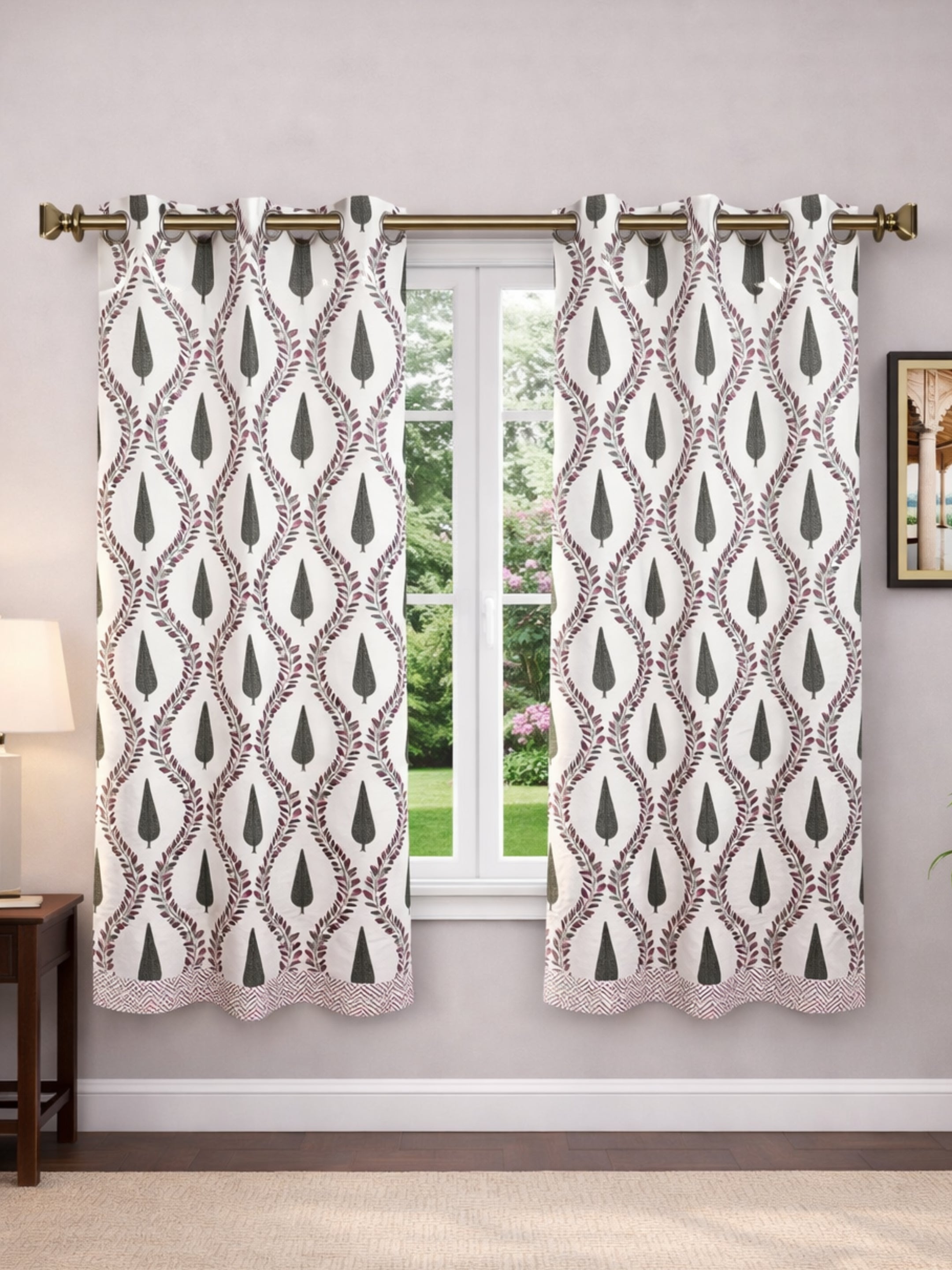 LIVING ROOTS Cotton Cypress Block Print 58.8 x 45 Inch Window Curtains-Set of 2 (52-010-A-2PC)