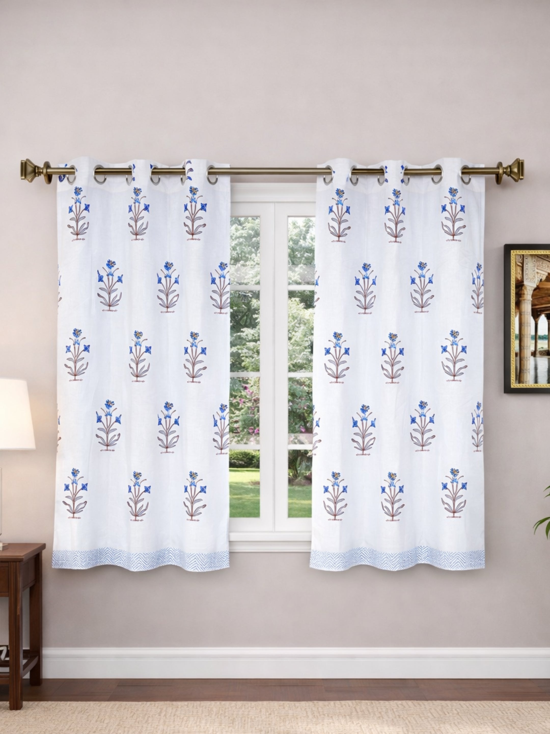 LIVING ROOTS Cotton Floral Block Print 58.8 x 45 Inch Window Curtains-Set of 2 (52-011-A-2PC)