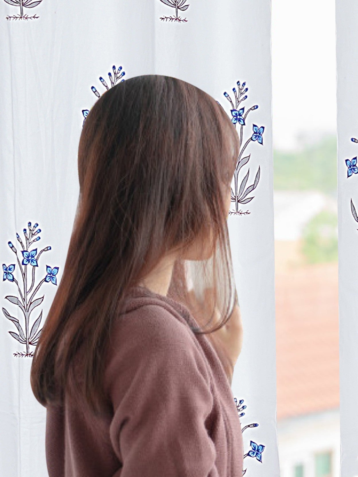 LIVING ROOTS Cotton Floral Block Print 58.8 x 45 Inch Window Curtains-Set of 2 (52-011-A-2PC)