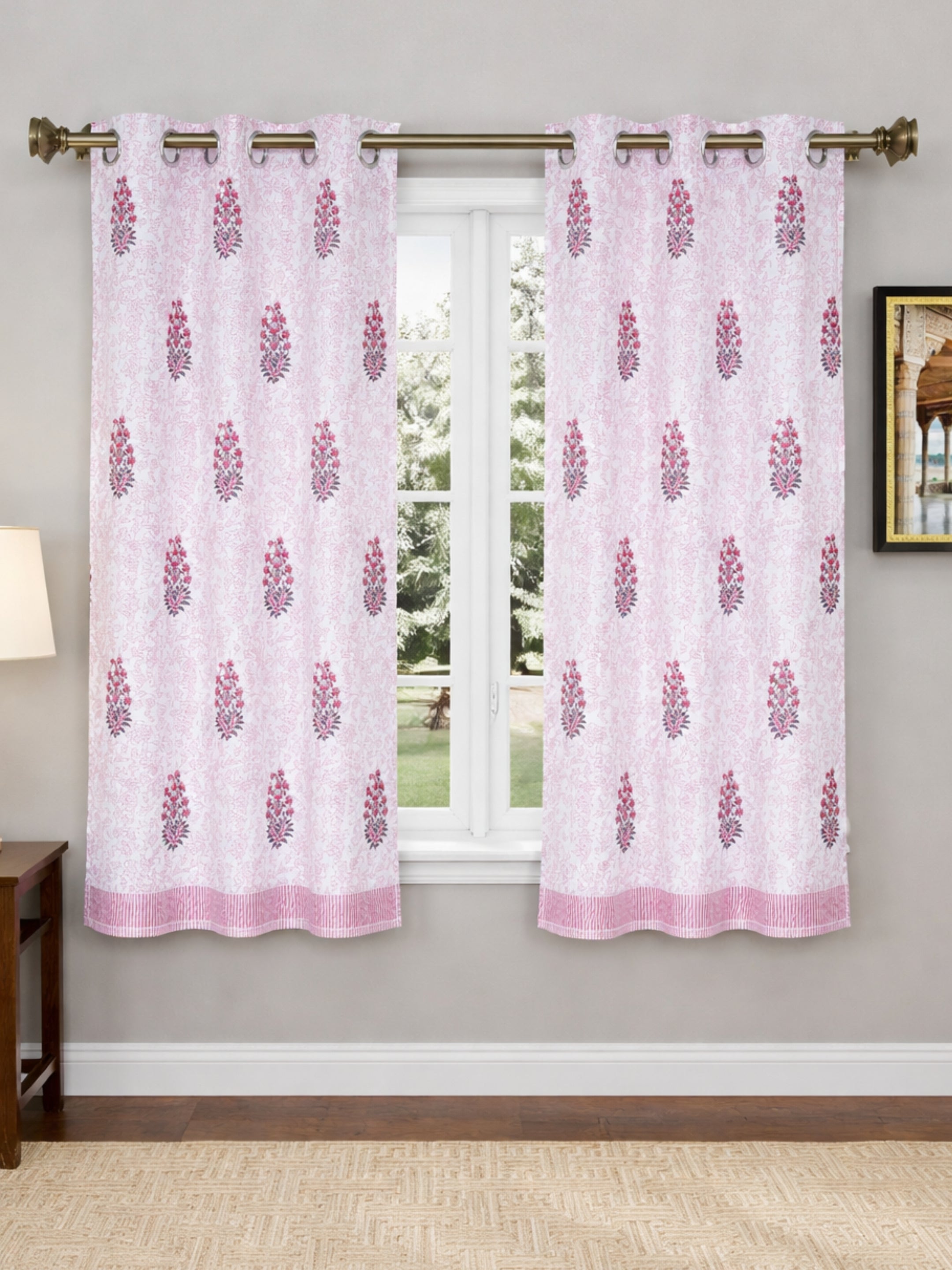 LIVING ROOTS Cotton Floral Buta Block Print 58.8 x 45 Inch Window Curtains-Set of 2 (52-012-A-2PC)
