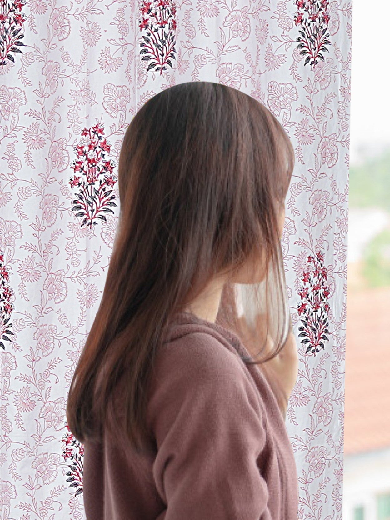 LIVING ROOTS Cotton Floral Buta Block Print 58.8 x 45 Inch Window Curtains-Set of 2 (52-012-A-2PC)