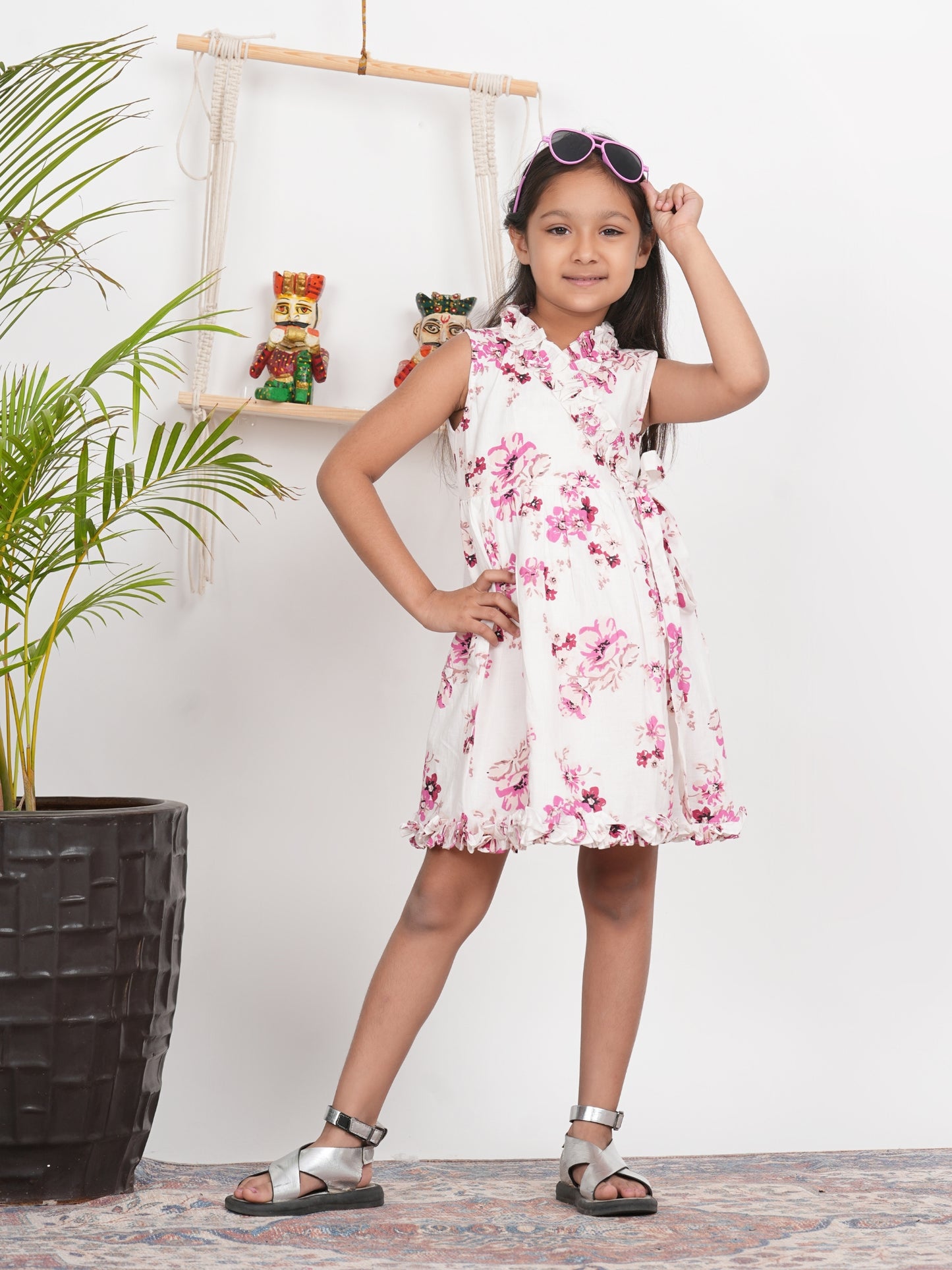 LIVING ROOTS Block Printed Off White and Pink Cut Sleeves Dress for Girls (G-1PC-004-3-4Y)