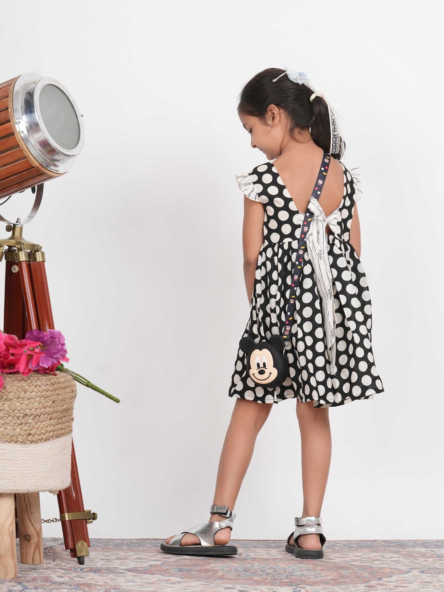 LIVING ROOTS Black Polka Dot Dress for Girls (G-1PC-009-3-4Y)