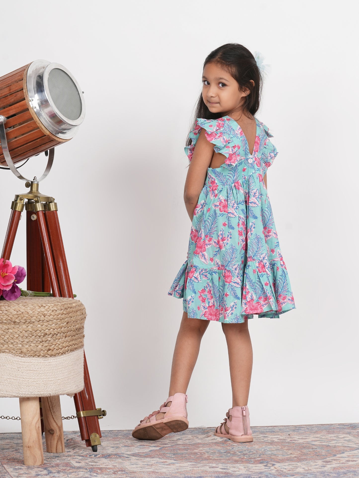 LIVING ROOTS Block Print Pink and Blue Bow Dress for Girls (G-1PC-011-3-4Y)