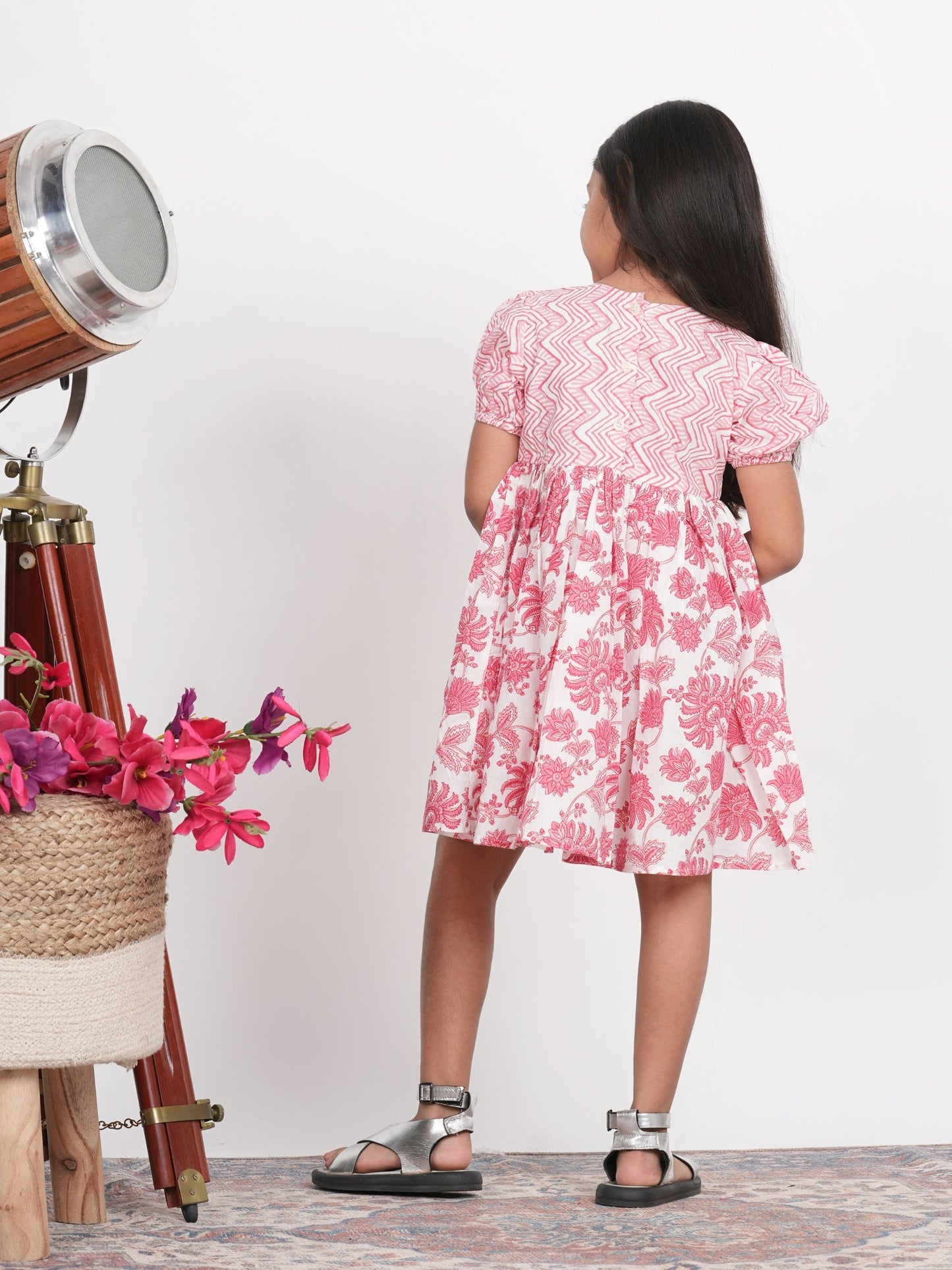 LIVING ROOTS Block Print Pink and White Dress for Girls (G-1PC-010-3-4Y)