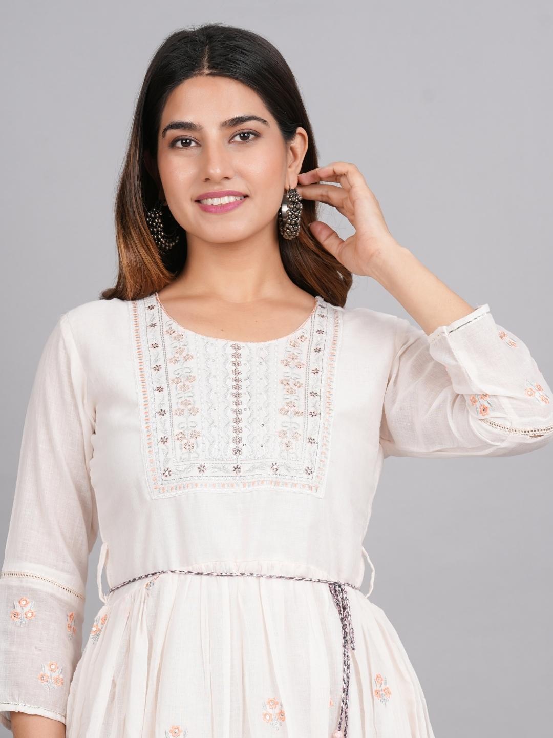 LIVING ROOTS Women White Motifs Embroidered Pure Cotton-One Piece (W-1PC-002-M)