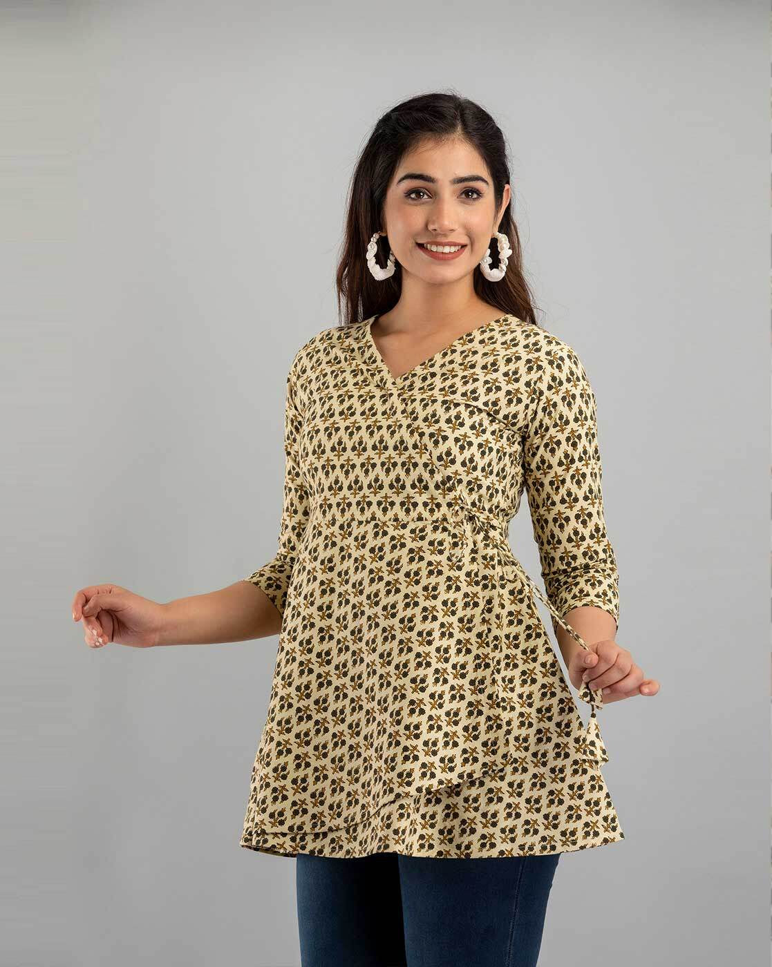 LIVING ROOTS Pure Cotton Ethenic Casual Short Staright Kurti for Girls/Women 3/4 Sleeve (6049)
