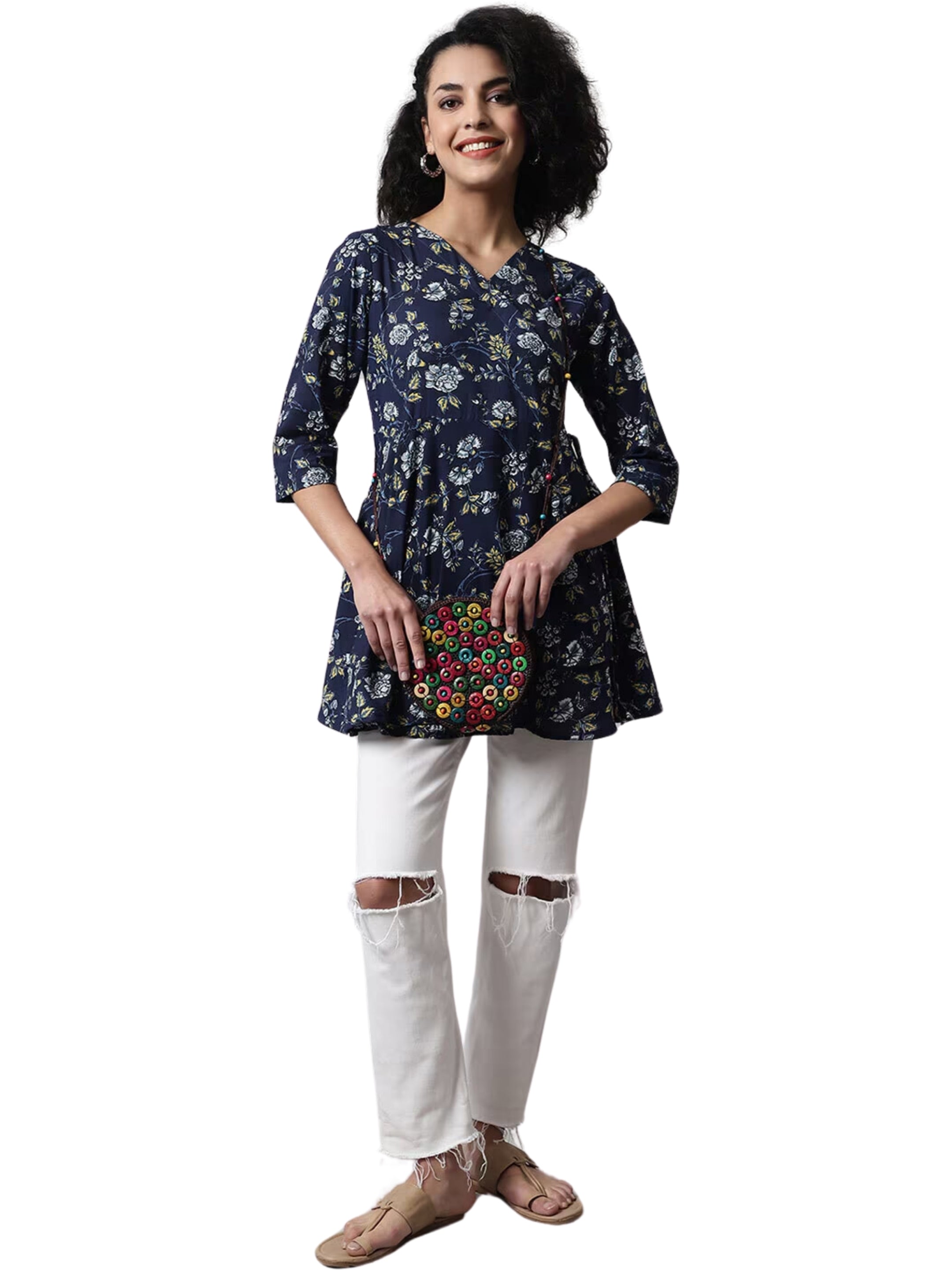 LIVING ROOTS Pure Cotton Ethenic Casual Short Staright Kurti for Girls/Women 3/4 Sleeve (6053)