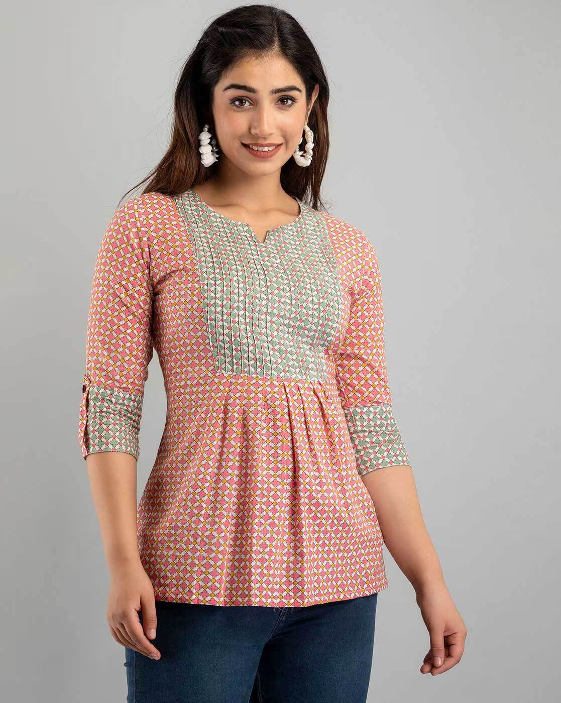 LIVING ROOTS Pure Cotton Ethenic Casual Short Staright Kurti for Girls/Women 3/4 Sleeve (6055)
