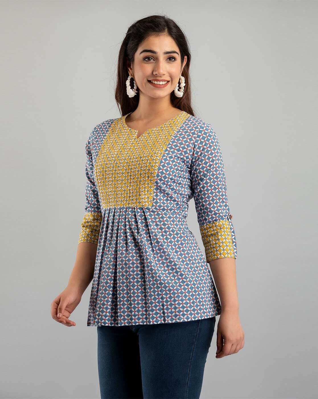 LIVING ROOTS Pure Cotton Ethenic Casual Short Staright Kurti for Girls/Women 3/4 Sleeve (6056)
