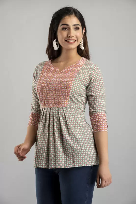 LIVING ROOTS Pure Cotton Ethenic Casual Short Staright Kurti for Girls/Women 3/4 Sleeve (6057)