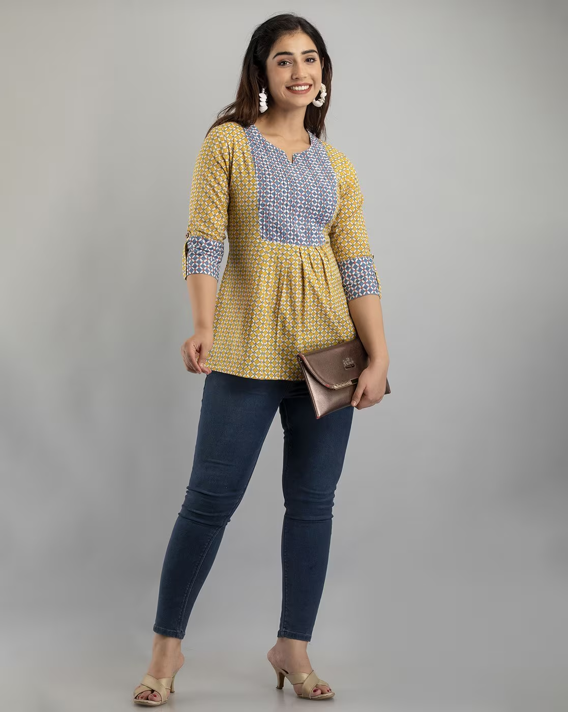LIVING ROOTS Pure Cotton Ethenic Casual Short Staright Kurti for Girls/Women 3/4 Sleeve (6058)