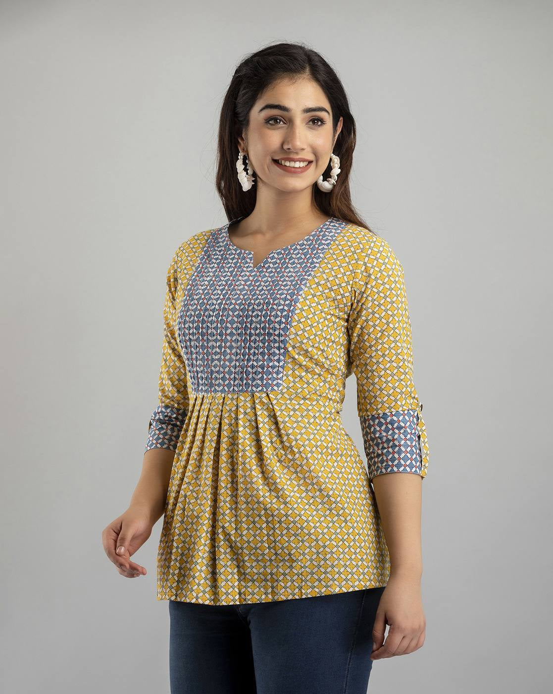 LIVING ROOTS Pure Cotton Ethenic Casual Short Staright Kurti for Girls/Women 3/4 Sleeve (6058)