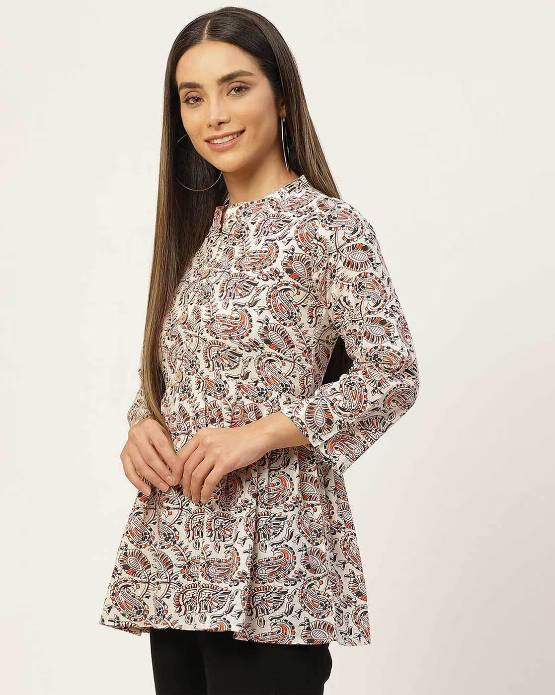 LIVING ROOTS Pure Cotton Ethenic Casual Short Staright Kurti for Girls/Women 3/4 Sleeve (6065)