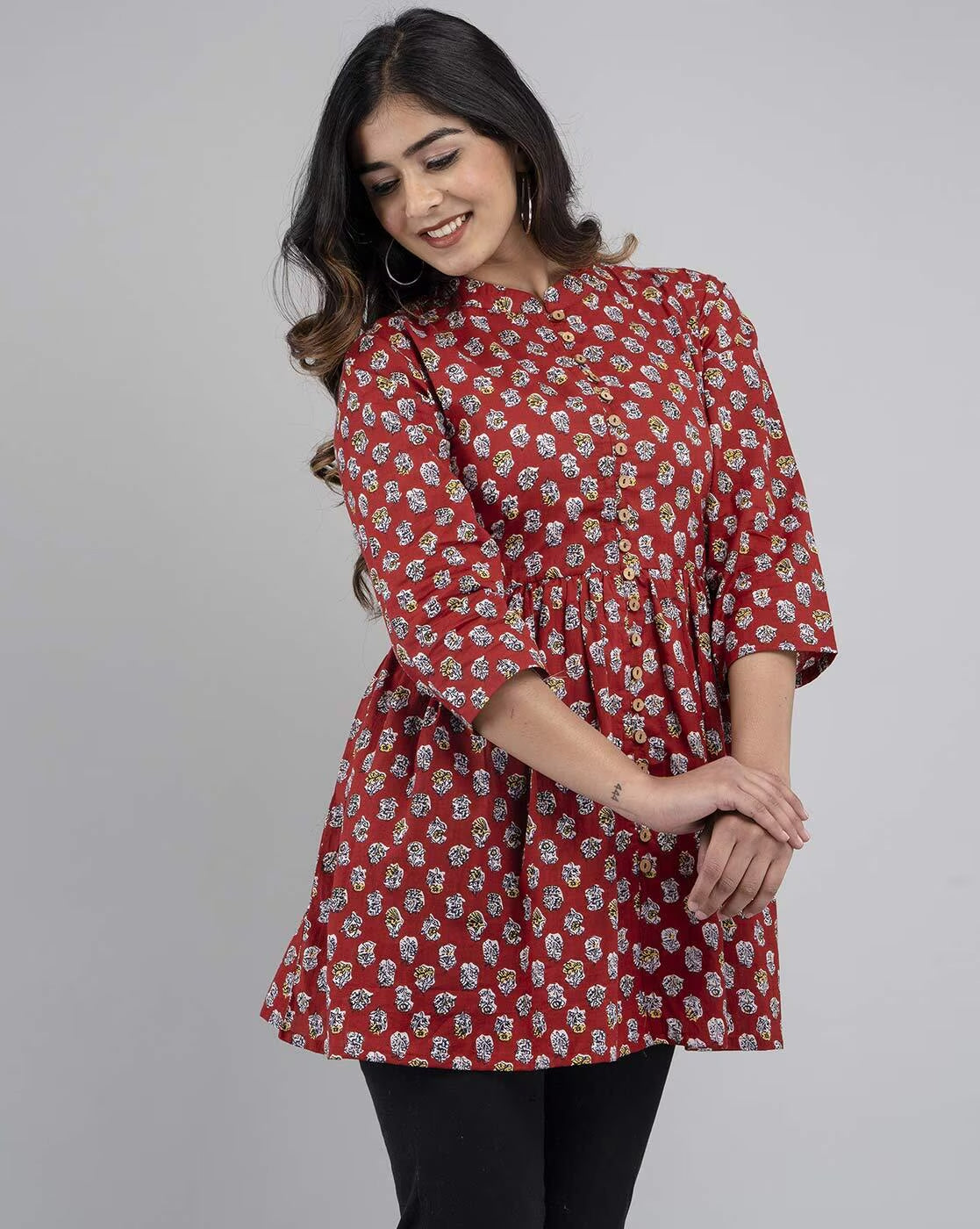 LIVING ROOTS Pure Cotton Ethenic Casual Short Staright Kurti for Girls/Women 3/4 Sleeve (6092)