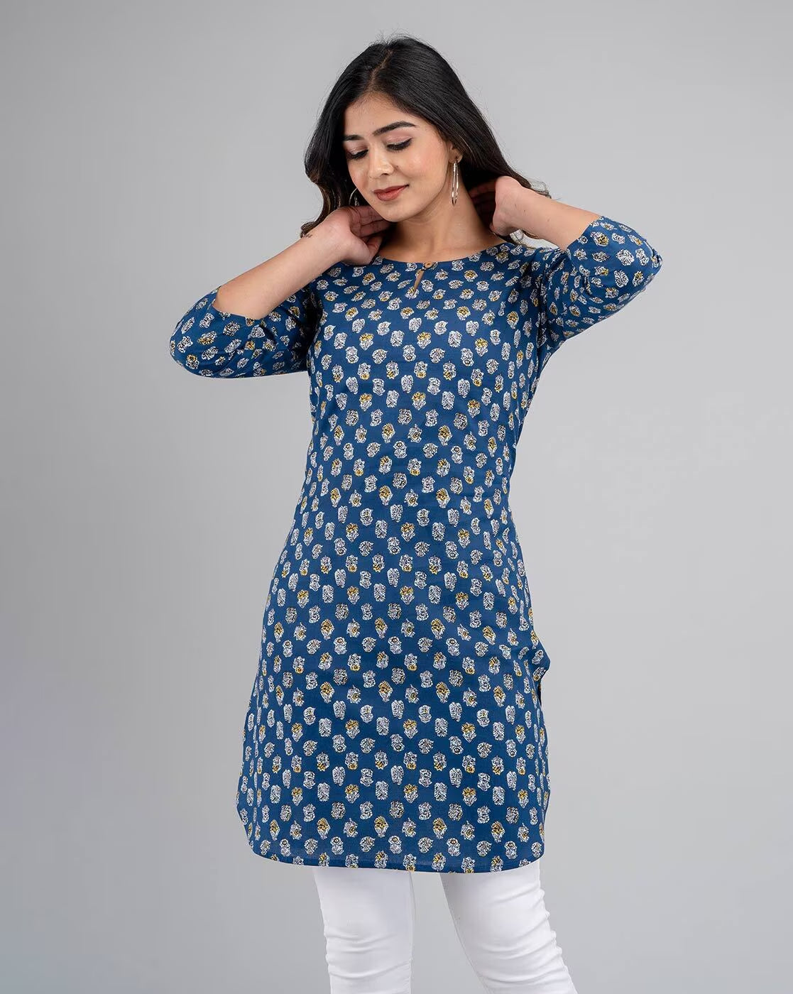 LIVING ROOTS Pure Cotton Ethenic Casual Short Staright Kurti for Girls/Women 3/4 Sleeve (6096)