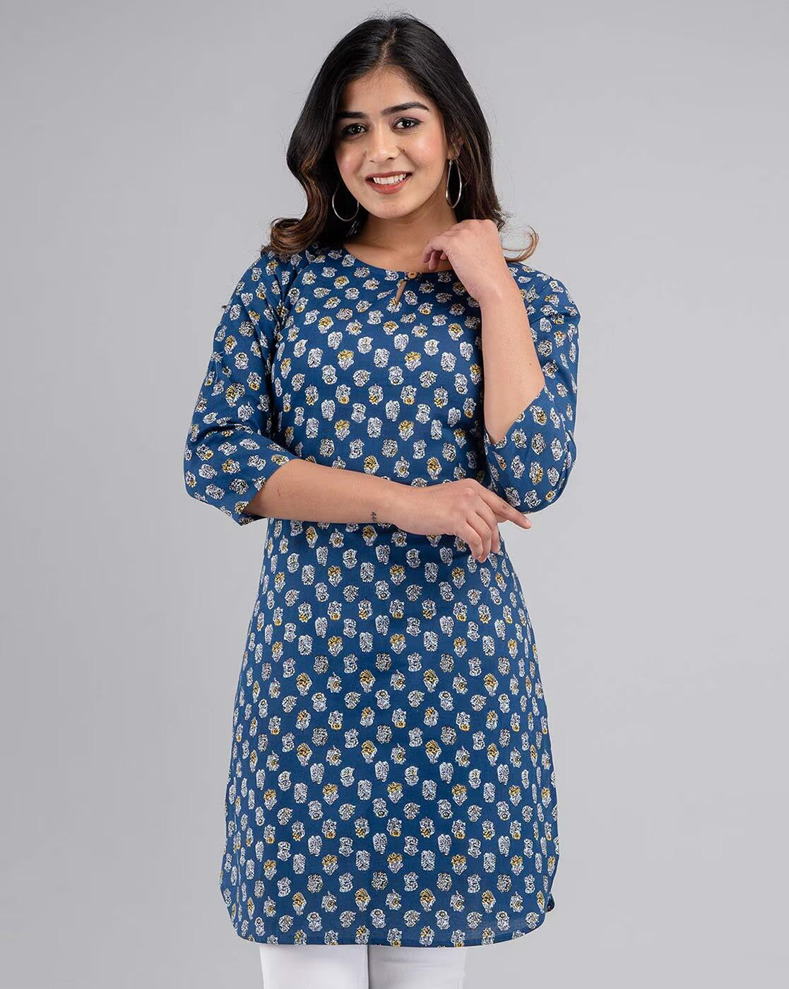LIVING ROOTS Pure Cotton Ethenic Casual Short Staright Kurti for Girls/Women 3/4 Sleeve (6096)