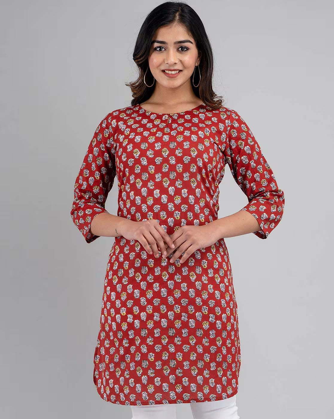 LIVING ROOTS Pure Cotton Ethenic Casual Short Staright Kurti for Girls/Women 3/4 Sleeve (6097)