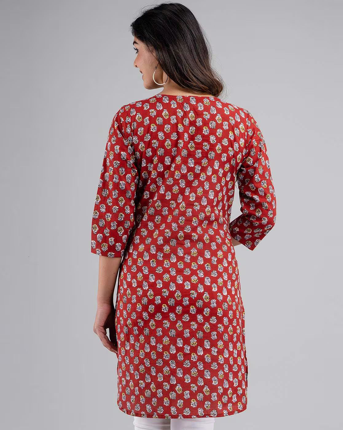 LIVING ROOTS Pure Cotton Ethenic Casual Short Staright Kurti for Girls/Women 3/4 Sleeve (6097)