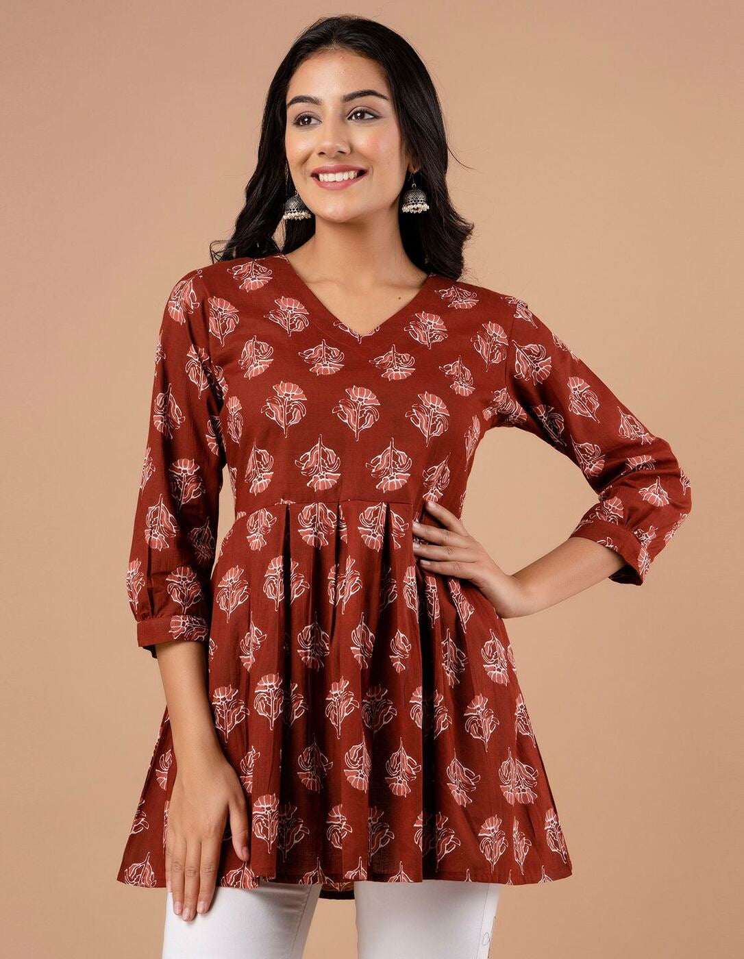 LIVING ROOTS Pure Cotton Ethenic Casual Short Staright Kurti for Girls/Women 3/4 Sleeve (6123)
