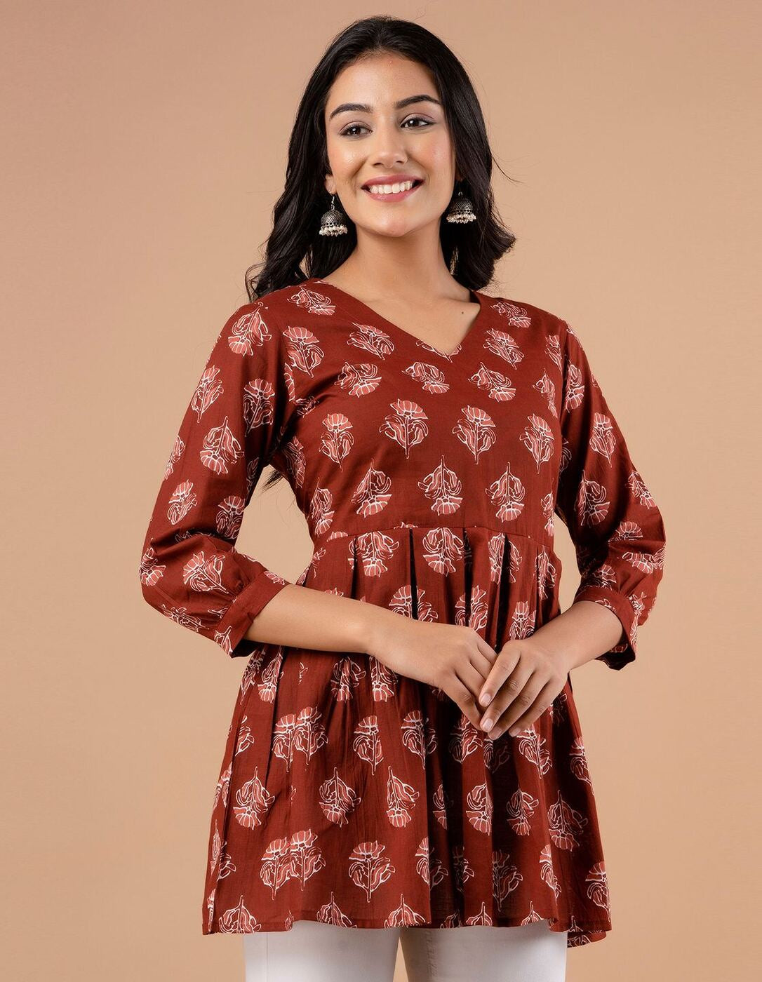 LIVING ROOTS Pure Cotton Ethenic Casual Short Staright Kurti for Girls/Women 3/4 Sleeve (6123)