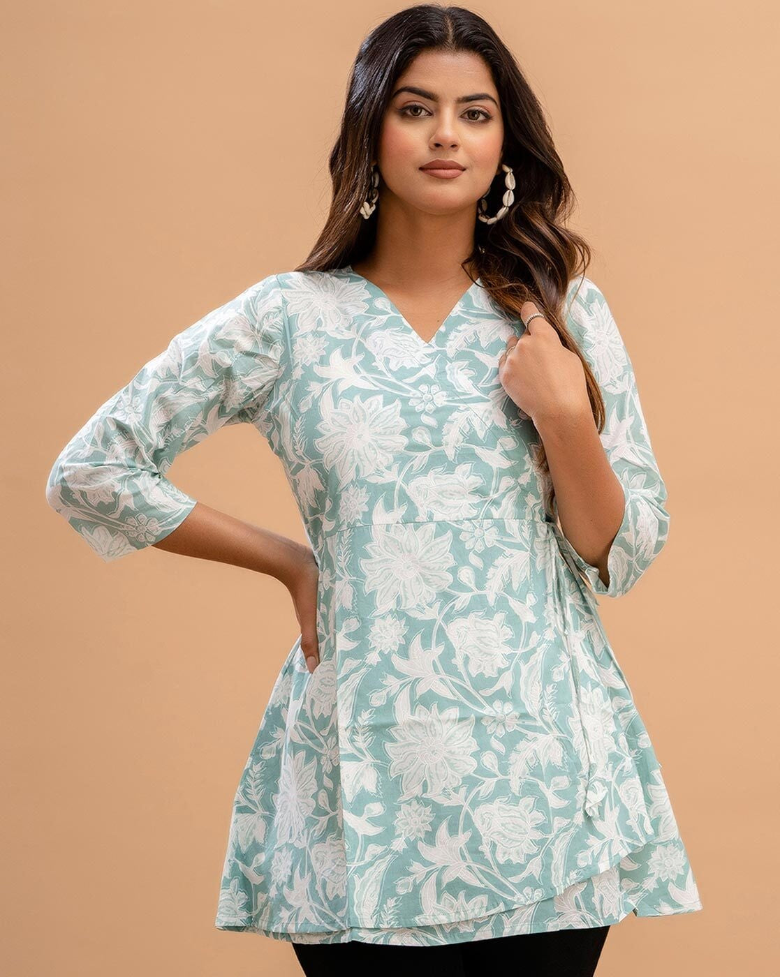 LIVING ROOTS Pure Cotton Ethenic Casual Short Staright Kurti for Girls/Women 3/4 Sleeve (6178)