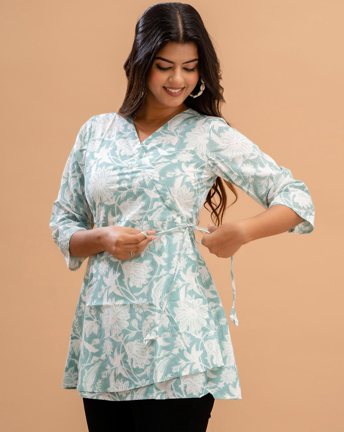 LIVING ROOTS Pure Cotton Ethenic Casual Short Staright Kurti for Girls/Women 3/4 Sleeve (6178)
