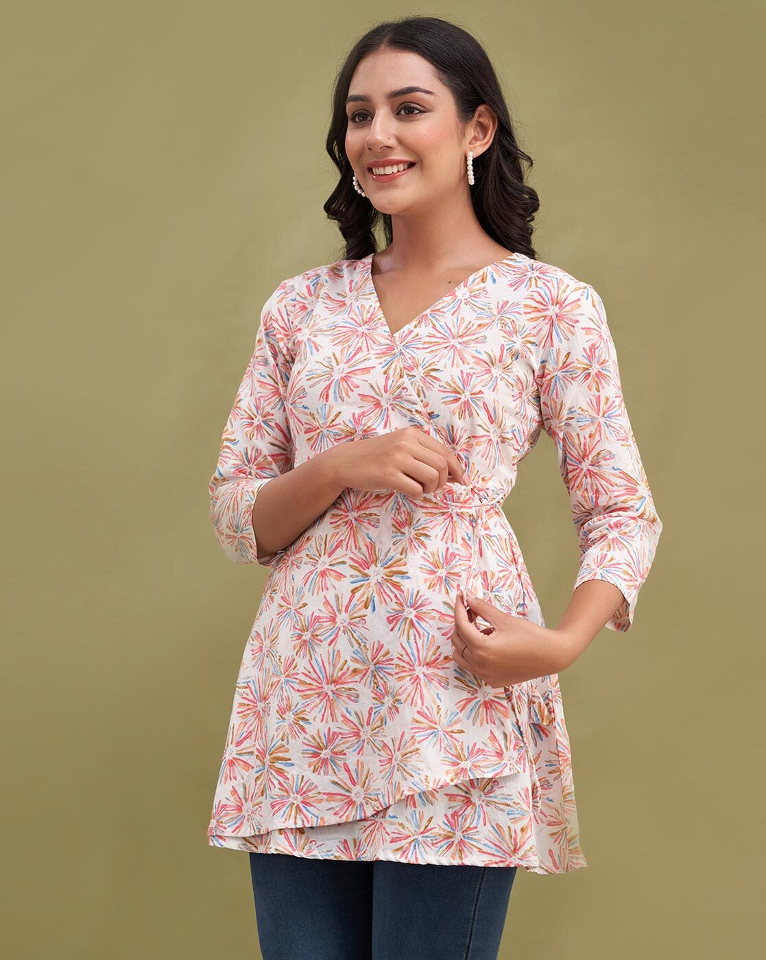 LIVING ROOTS Pure Cotton Ethenic Casual Short Staright Kurti for Girls/Women 3/4 Sleeve (6185)