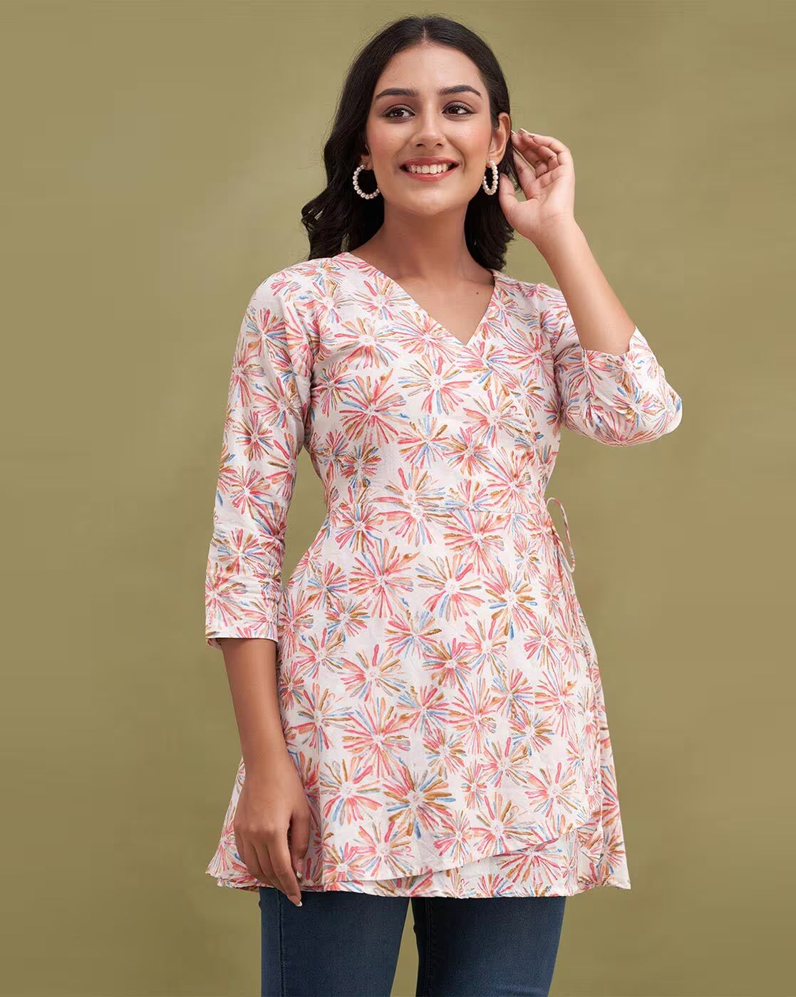 LIVING ROOTS Pure Cotton Ethenic Casual Short Staright Kurti for Girls/Women 3/4 Sleeve (6185)