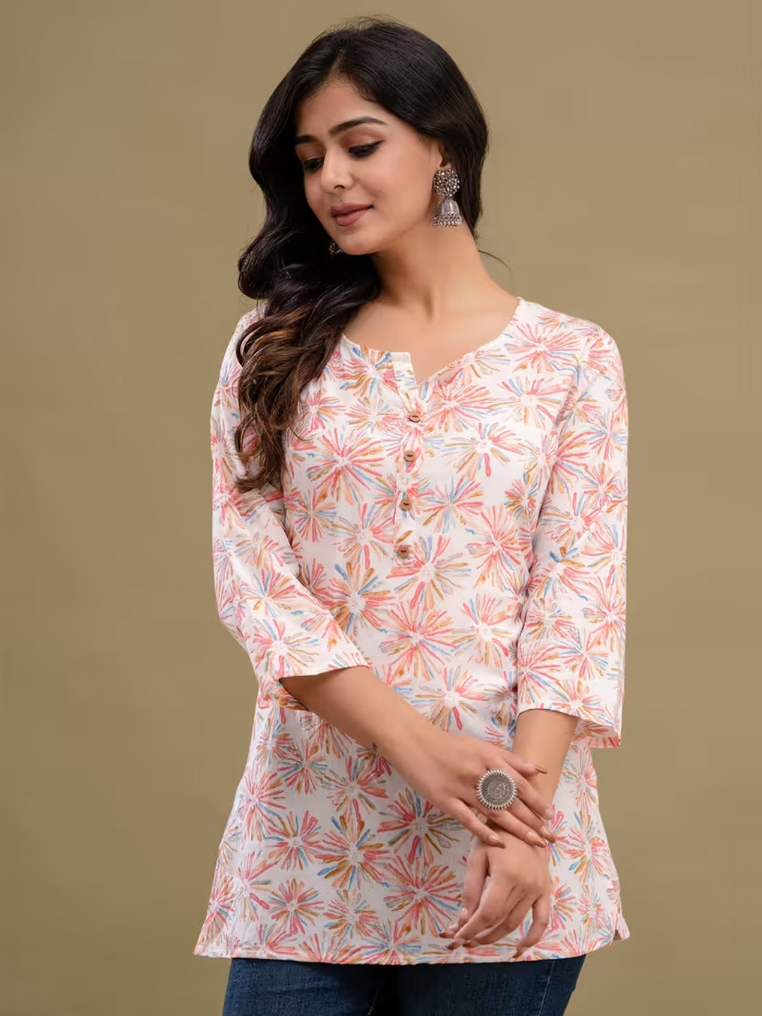 LIVING ROOTS Pure Cotton Ethenic Casual Short Staright Kurti for Girls/Women 3/4 Sleeve (6200)