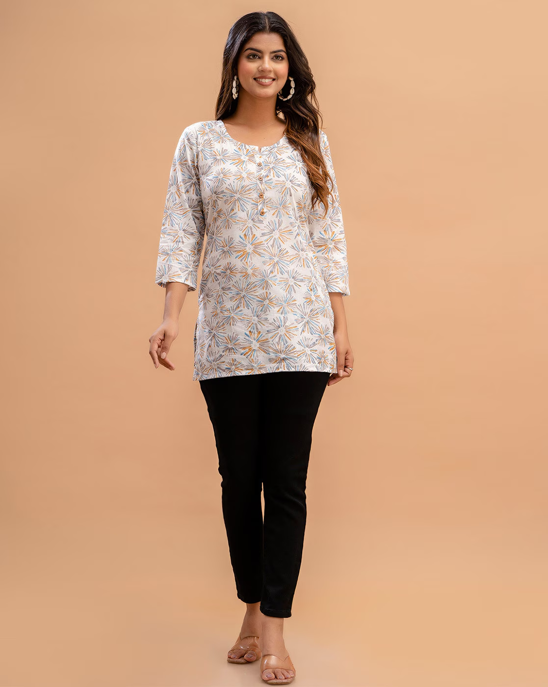 LIVING ROOTS Pure Cotton Ethenic Casual Short Staright Kurti for Girls/Women 3/4 Sleeve (6206)